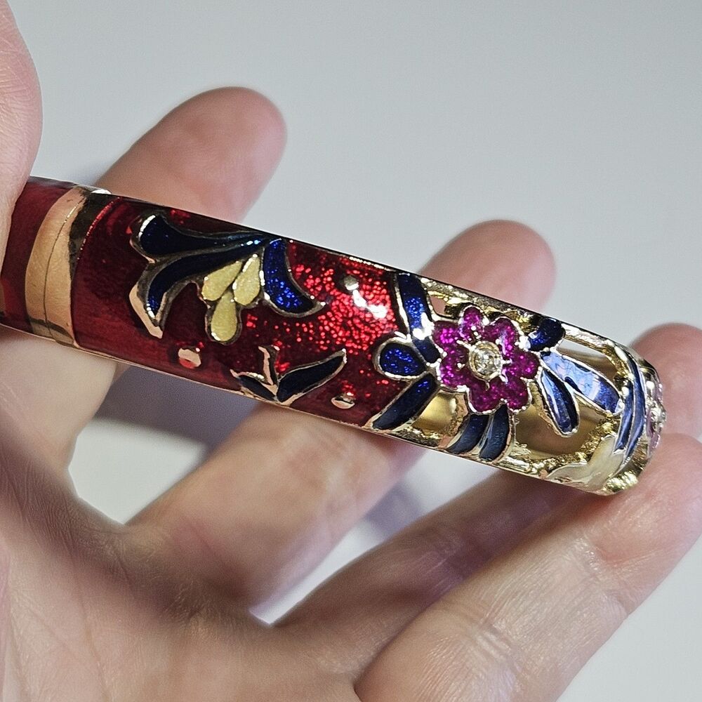 Jiu Long Xing Gold Tone Red Blue Cloisonne Flower Hinged Bracelet 7.5"